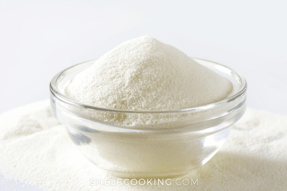 glass bowl of powdered milk, from Shelf Cooking 