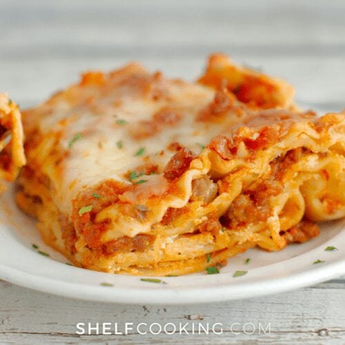 Crockpot lasagna on a plate, from Shelf Cooking