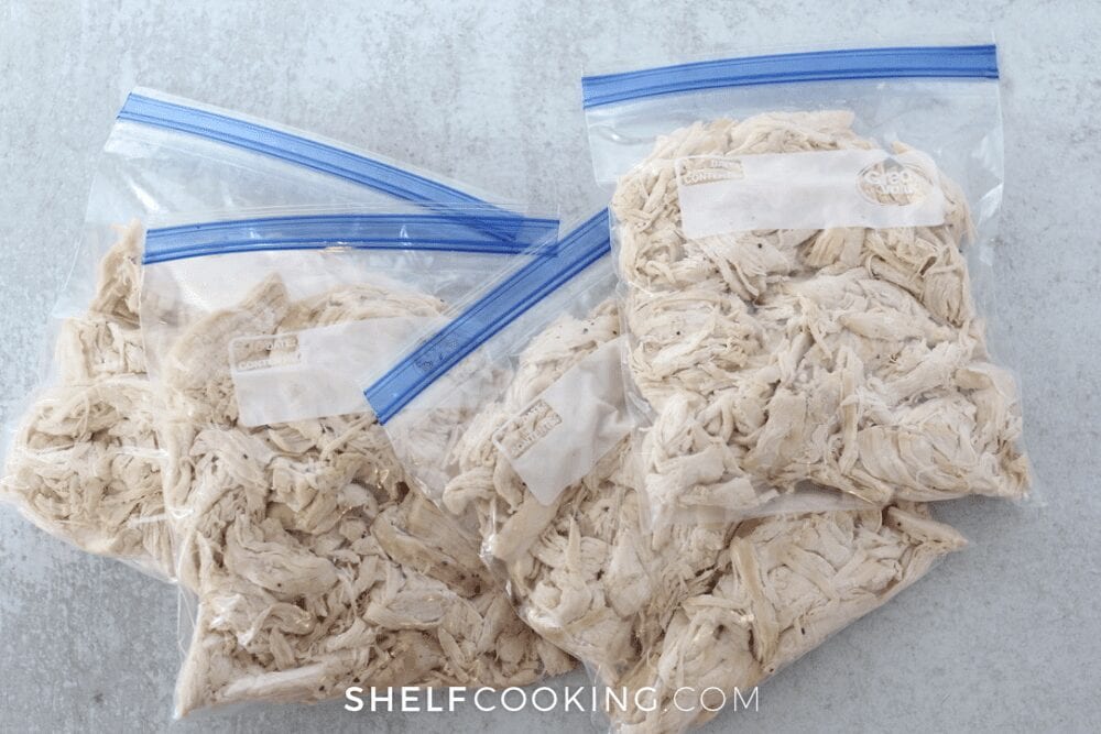 Ziplock bags of shredded chicken, from Shelf Cooking 