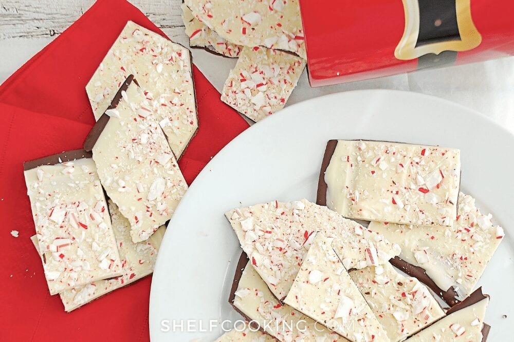 a plate of sliced peppermint bark, from Shelf Cooking 