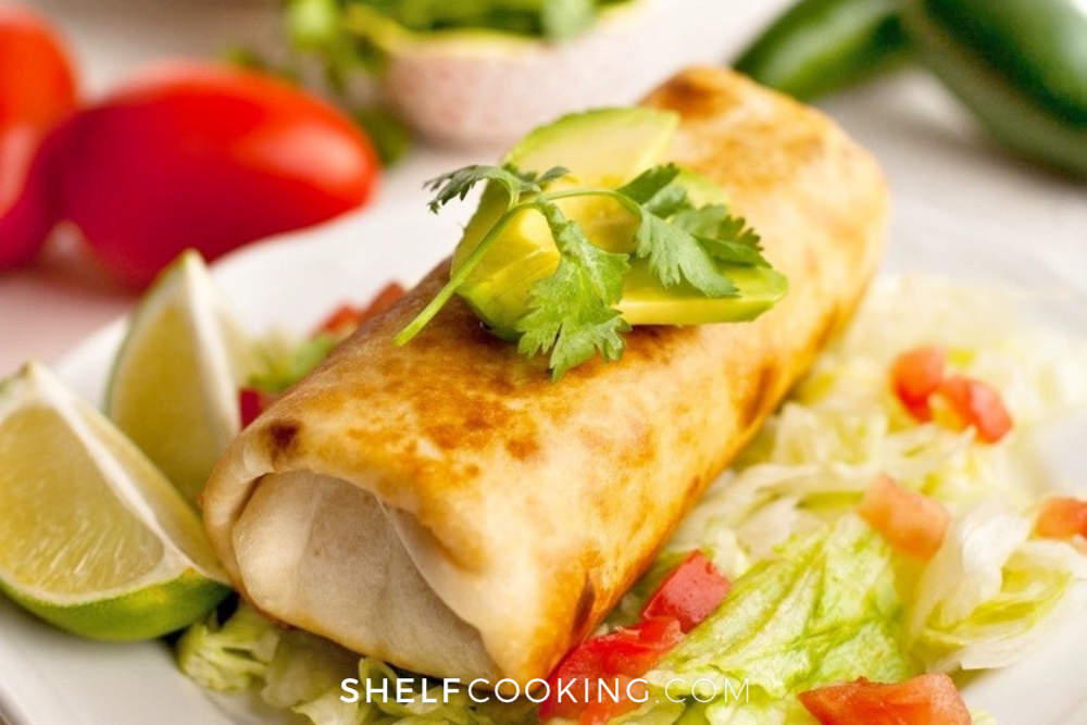 closeup picture of homemade chimichanga, from Shelf Cooking