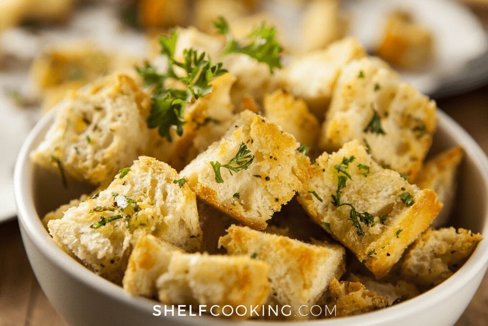 a bowl of homemade croutons, from Shelf Cooking