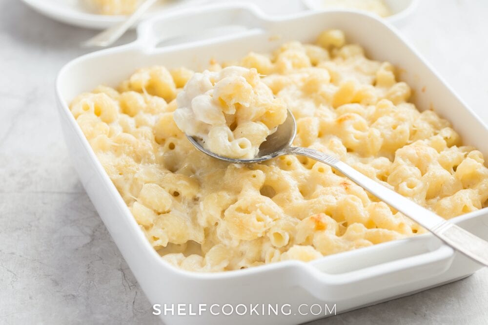 macaroni and cheese in white dish, from Shelf Cooking