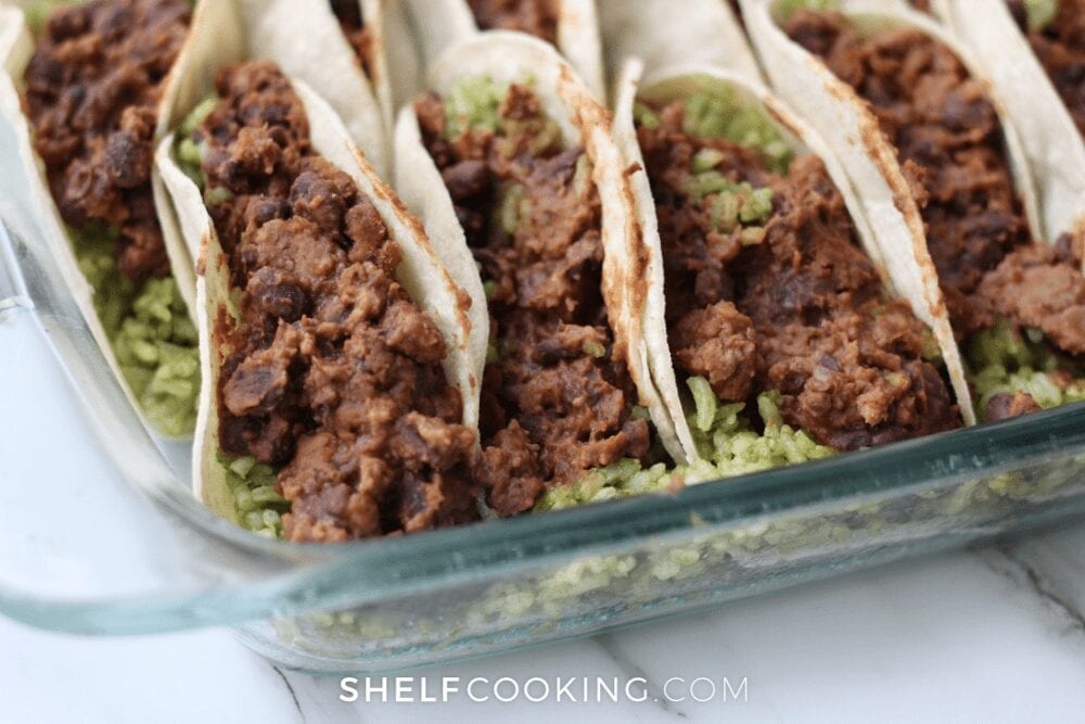 baked ground beef tacos with green rice, from Shelf Cooking