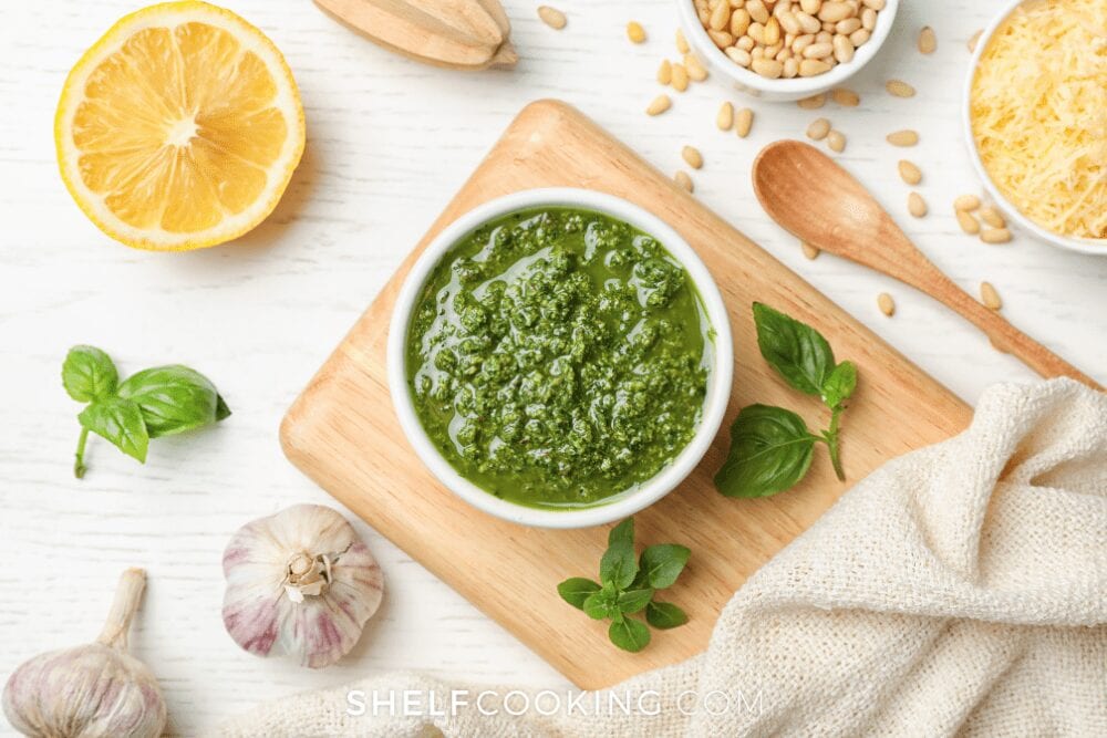 homemade pesto with garlic and lemon, from Shelf Cooking