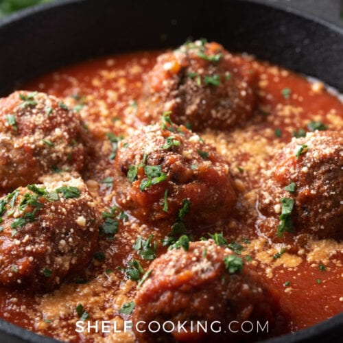 baked meatballs in tomato sauce, from Shelf Cooking