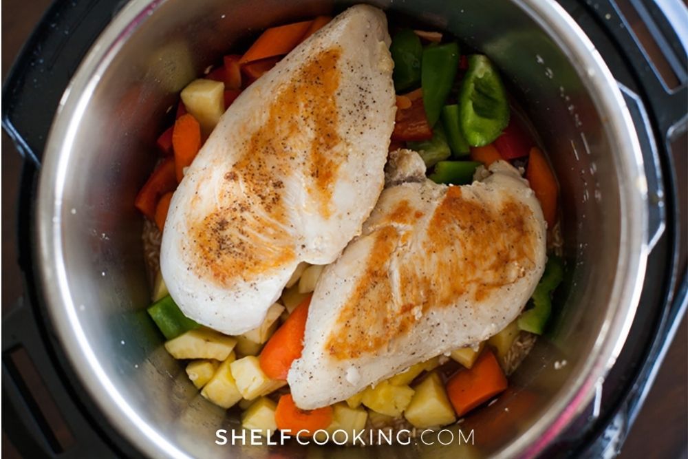 making Hawaiian chicken and rice, from Shelf Cooking