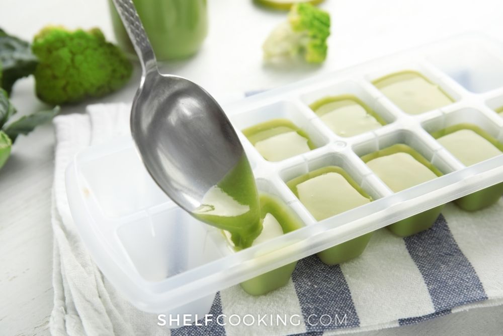 putting baby food in ice tray, from Shelf Cooking