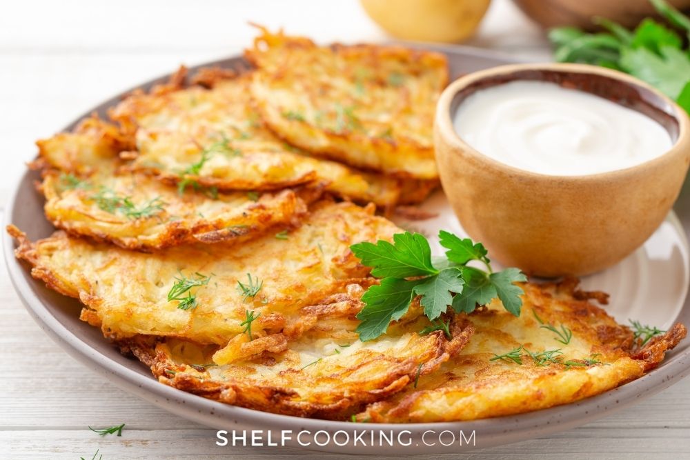 plate of potato chip latkes, from Shelf Cooking