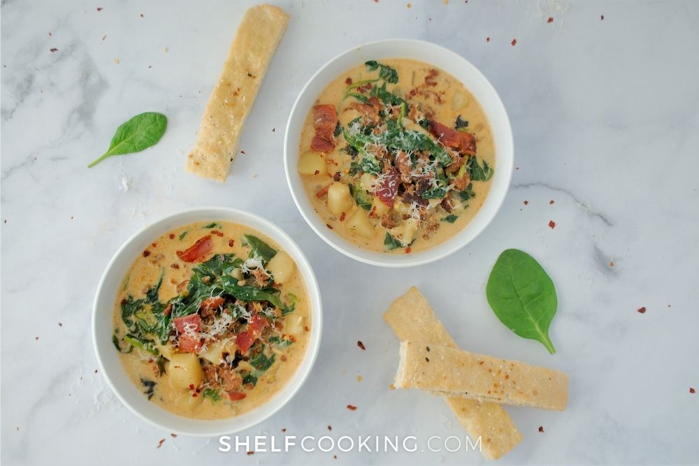 bowls of soup with breadsticks, from Shelf Cooking