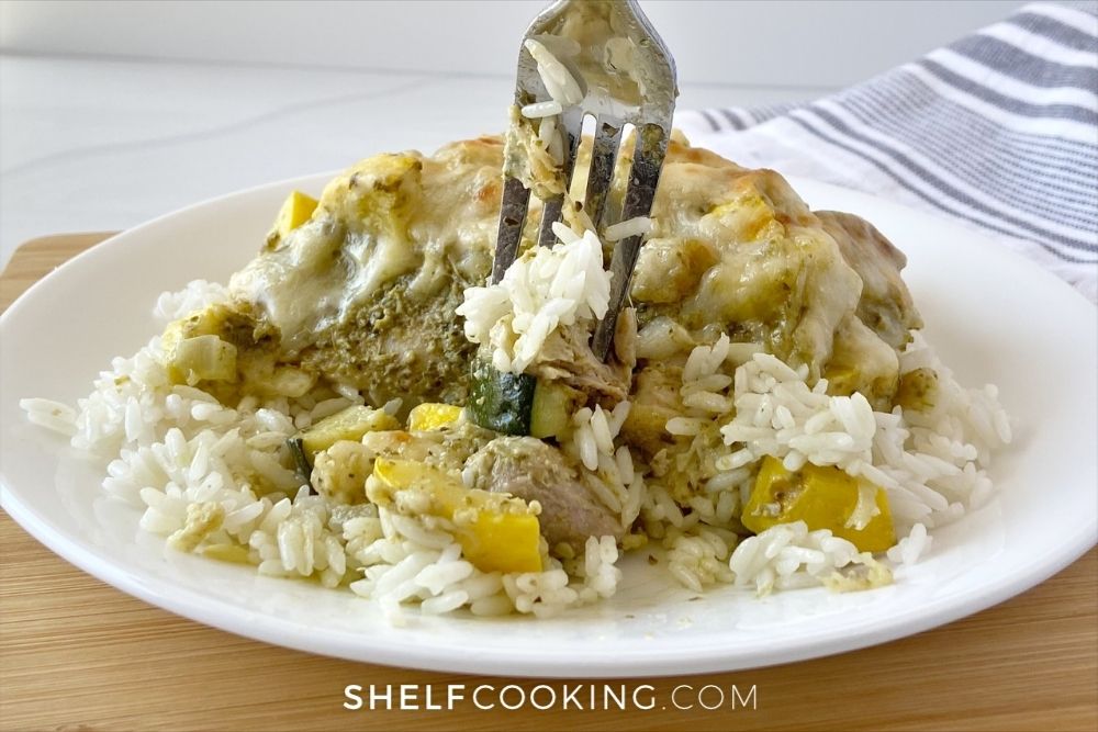 chicken zucchini casserole over rice, from Shelf Cooking