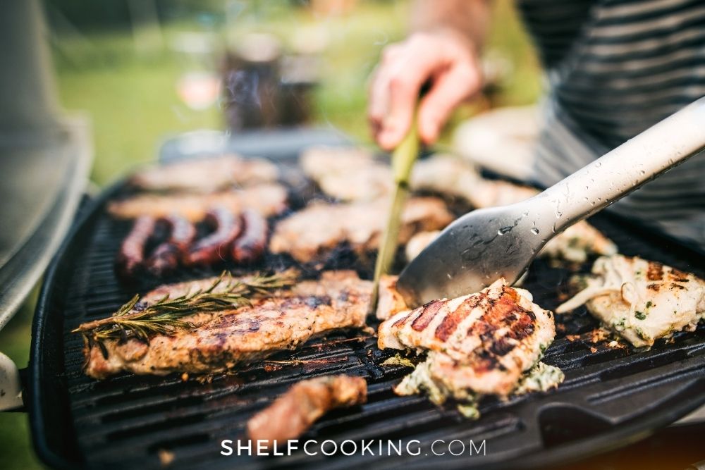 man grilling meat and veggies, from Shelf Cooking