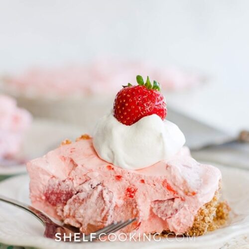 slice of no-bake strawberry cream pie, from Shelf Cooking