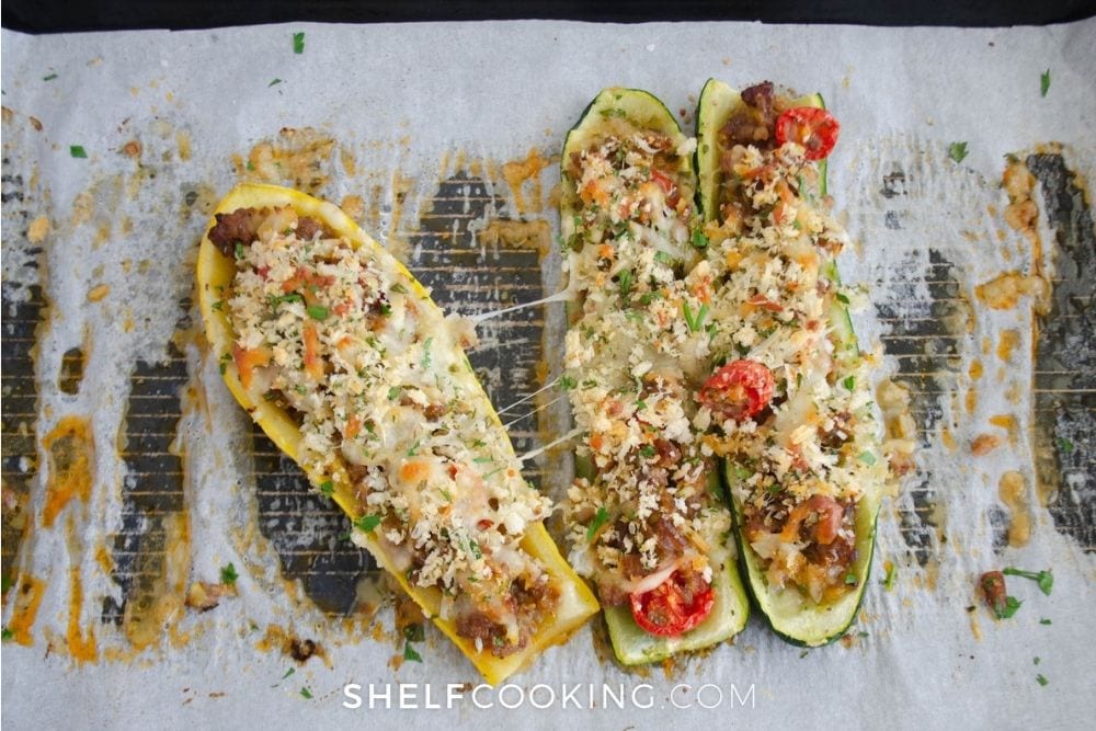 zucchini boats fresh from oven, from Shelf Cooking