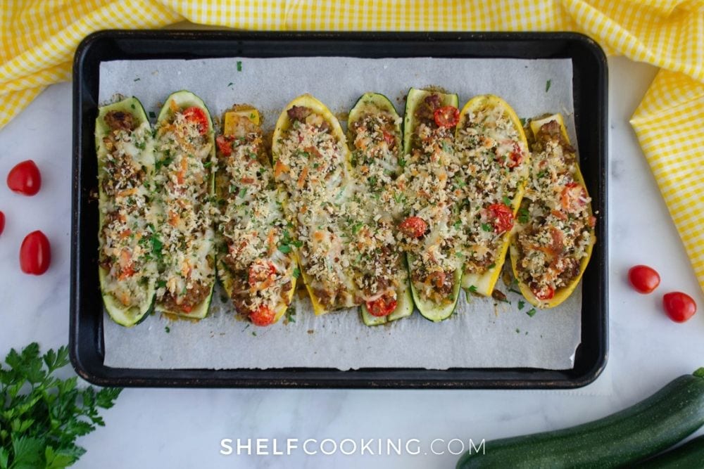 stuffed zucchini boats recipe, from Shelf Cooking