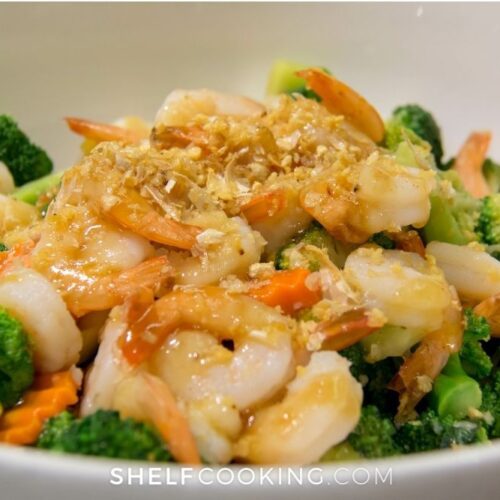 shrimp and vegetable stir fry in bowl, from Shelf Cooking