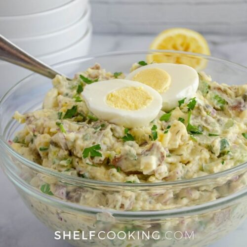 bowl of homemade potato salad, from Shelf Cooking