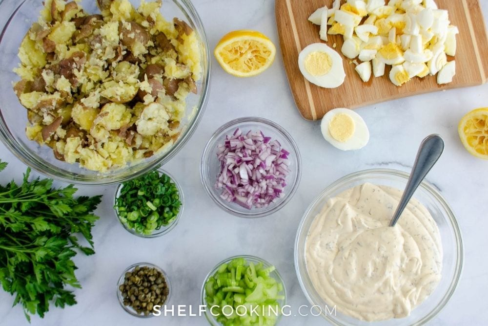 ingredients to make southern potato salad, from Shelf Cooking