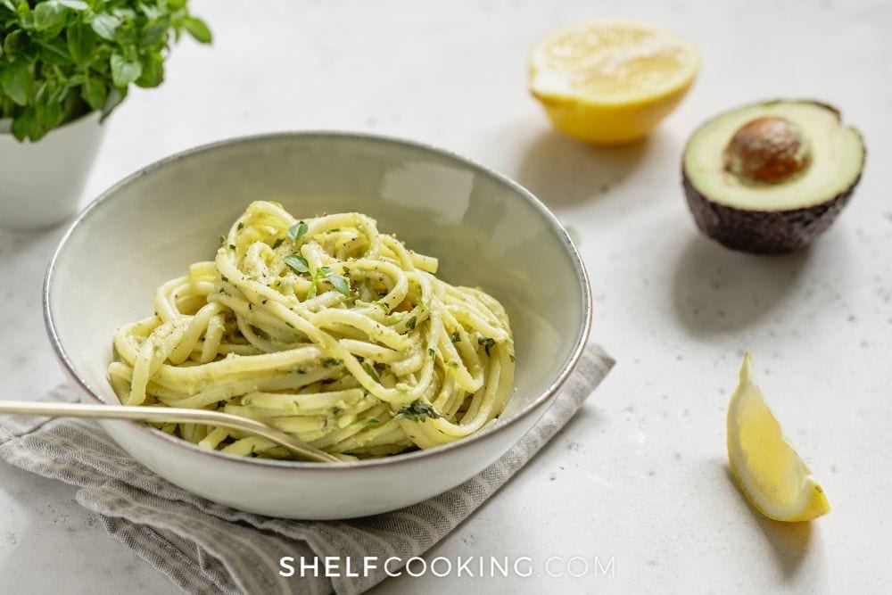 pasta with avocado lemon sauce, from Shelf Cooking