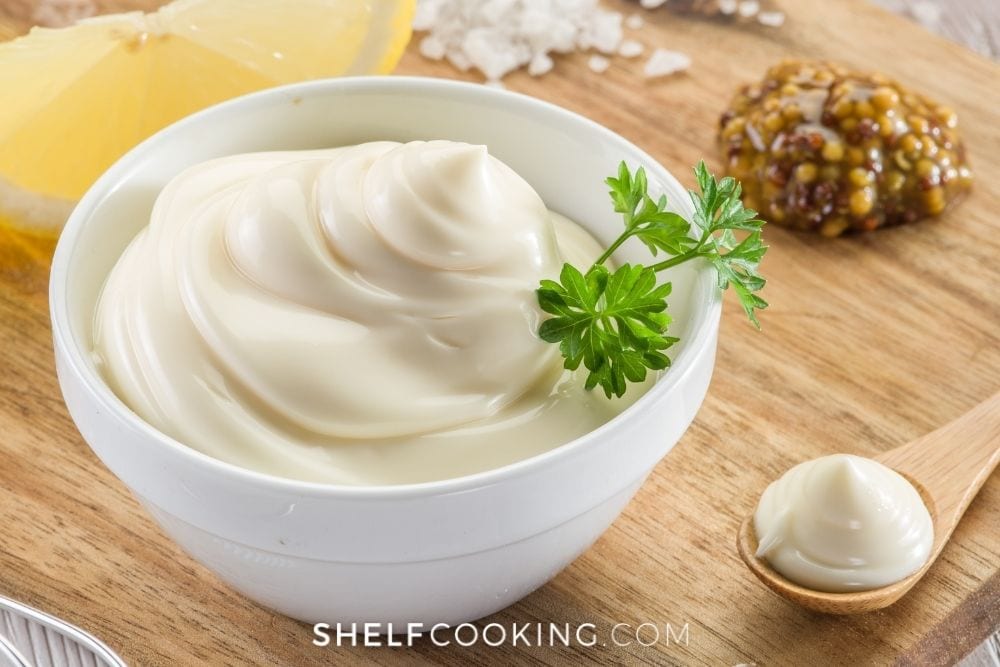 Bowl of homemade mayonnaise from Shelf Cooking. 