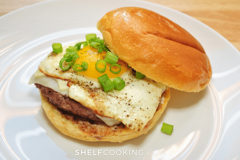 breakfast burger with fried egg, from Shelf Cooking