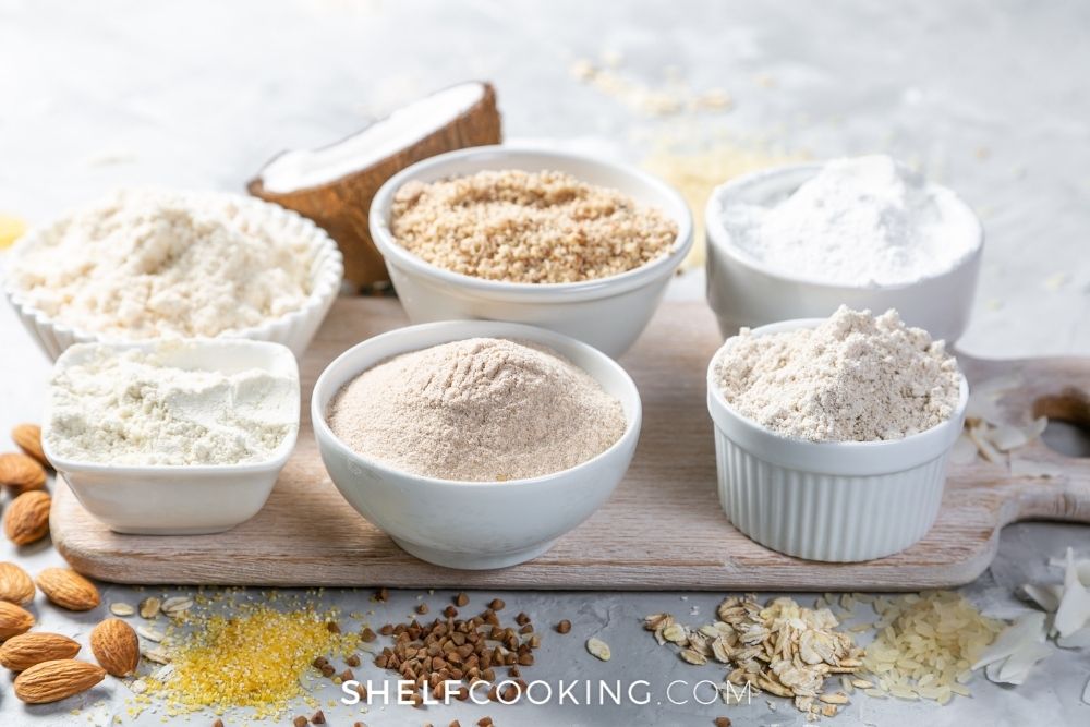 bowls of gluten-free flour substitute, from Shelf Cooking