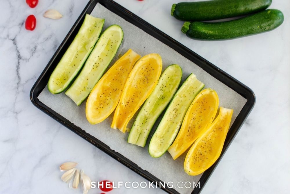 zucchini and squash on baking tin, from Shelf Cooking