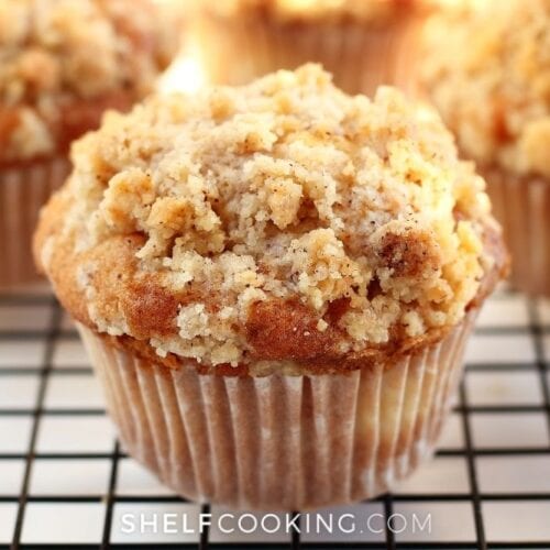 Peach muffin with streusel on top from Shelf Cooking.