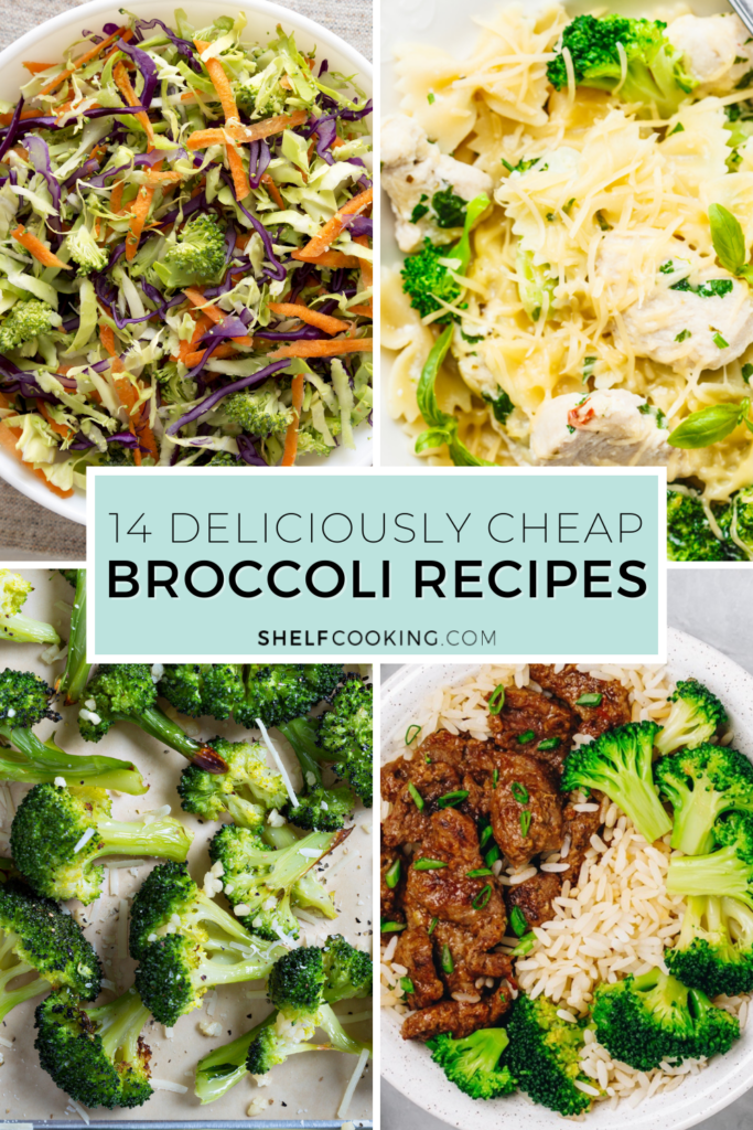 Collage of images of broccoli in recipes from Shelf Cooking. 