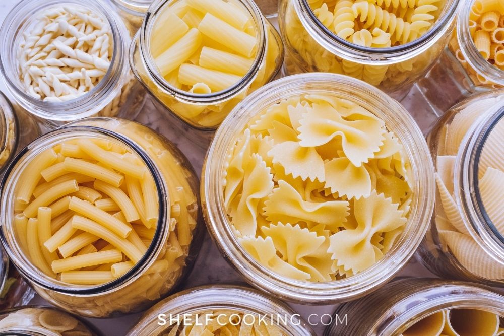 Different types of pasta in jars from Shelf Cooking. 