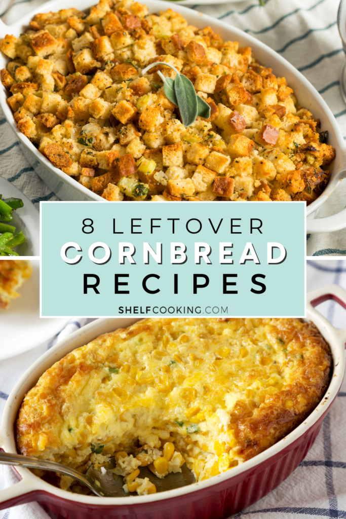 Leftover cornbread dressing in a baking dish from Shelf Cooking. 