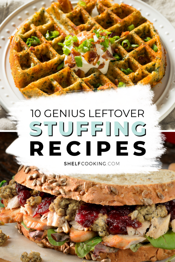 Waffles on a plate and a stuffing sandwich from Shelf Cooking. 
