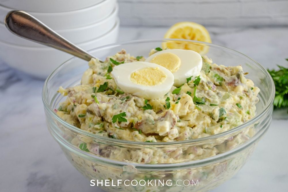 glass bowl of potato salad, from Shelf Cooking