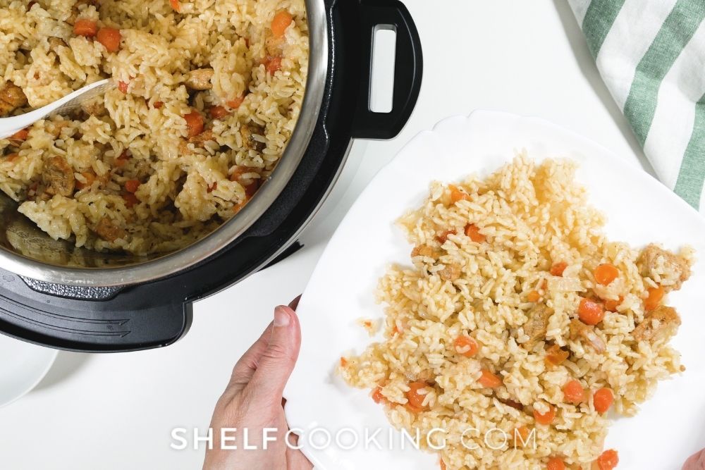 Chicken, veggies, and rice on a plate and in the Instant Pot from Shelf Cooking. 