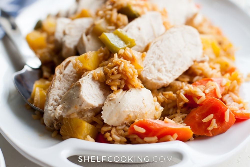 Hawaiian chicken and rice in a dish from Shelf Cooking. 