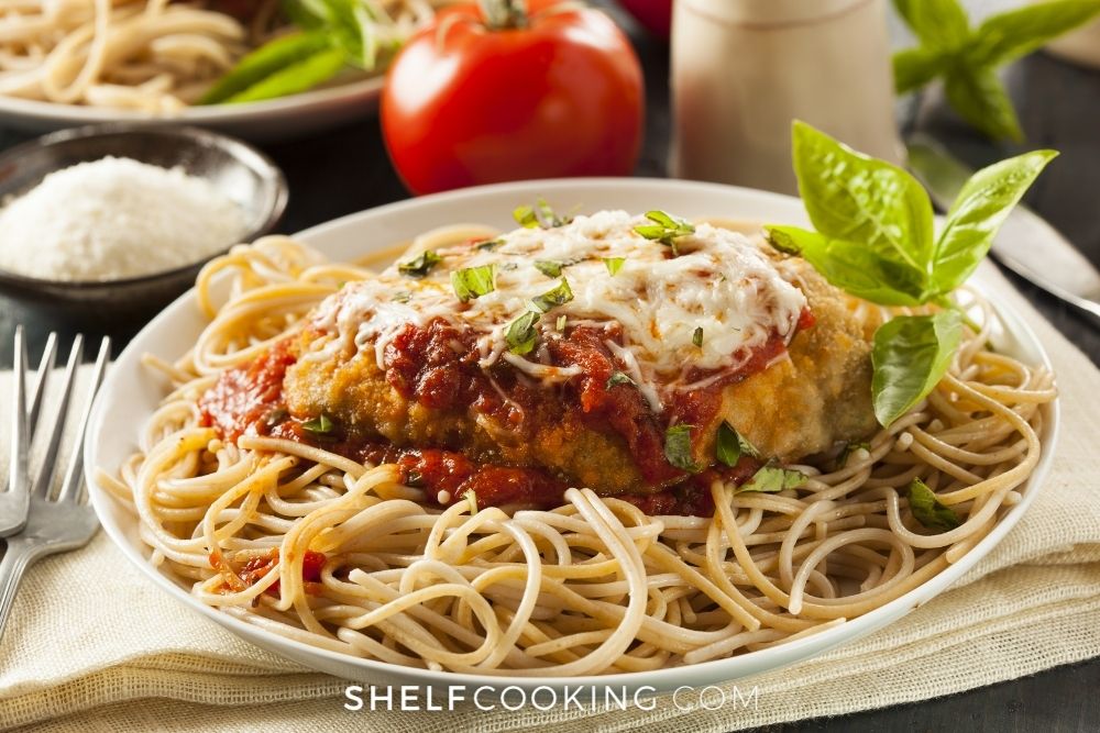 chicken parmesan on spaghetti, from Shelf Cooking