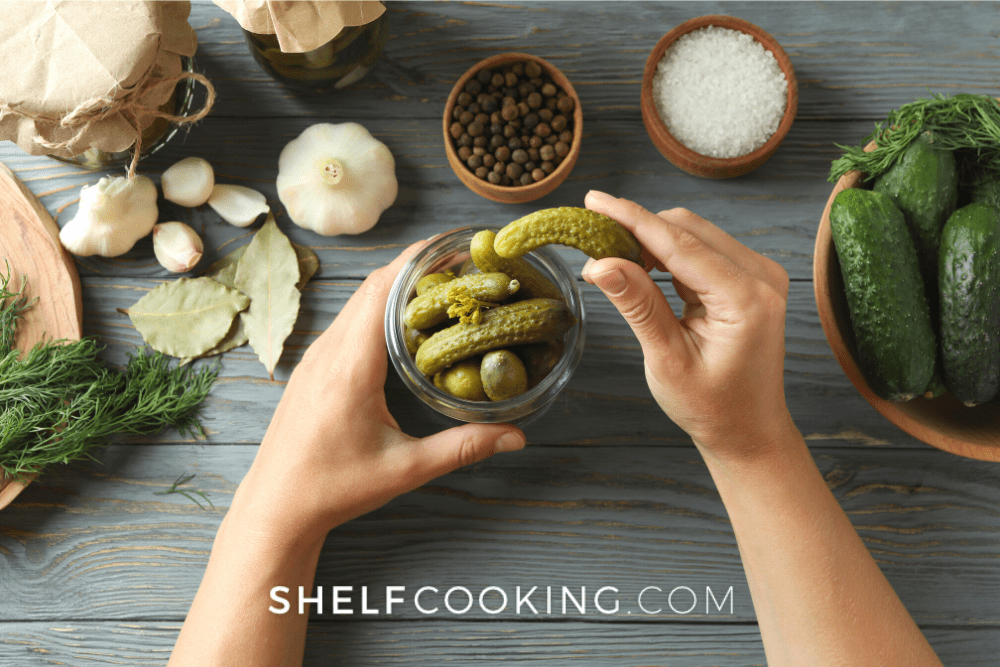 Overhead image of a person's hands holding a jar of homemade pickles. There are small containers of spices surrounding it. - Shelf Cooking