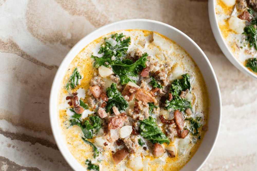 A bowl of zuppa toscana soup made in the Instant Pot. - Shelf Cooking